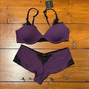 NWT Love Haus - Bra 34D & Boy Short Panties Size M - Eggplant Purple Black Lace